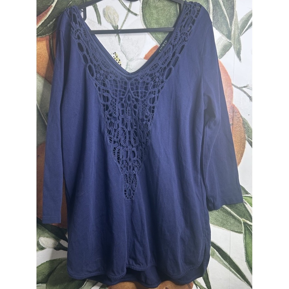 Lauren Ralph Lauren Large 2 Piece Navy Blue Crochet Front Cotton Top 3/4 Sleeves